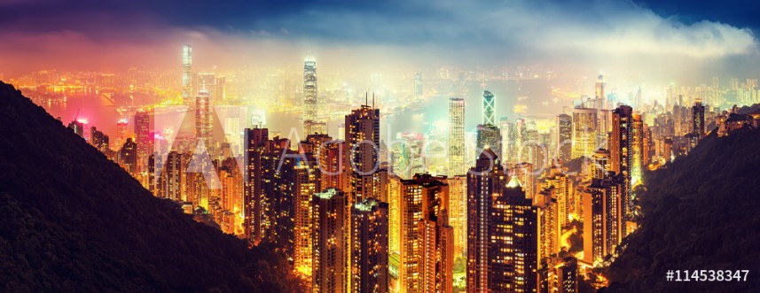 Picture of Panoramic view oover Victoria Harbor in Hong Kong China by night Colorful travel background with illuminated skyscrapers seen from Victoria Peak